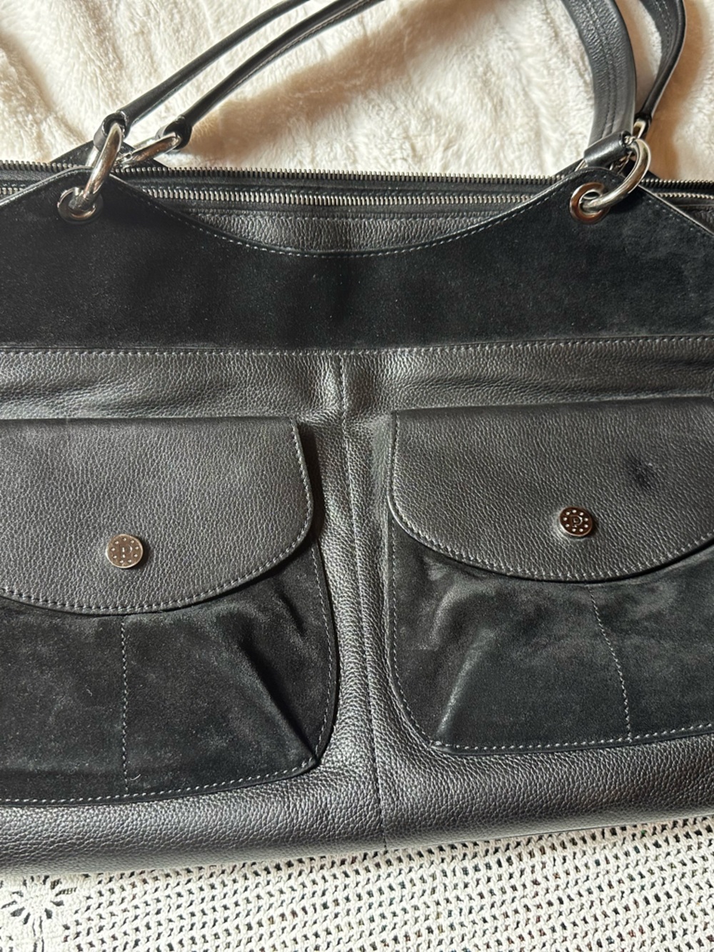 Rare Archive Pollini Italy Black Leather & Suede Dual-Pocket Tote – Discontinued